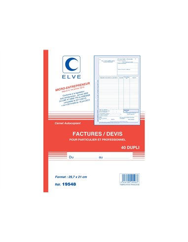 Manifold autocopiant elve factures auto-entrepreneur a4 210x297mm foliotage 50 duplis.