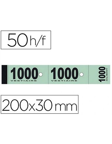 Bloc vestiaire piqué elve 3 coupons perforés détachables numérotés 1/1000 30x200mm 50 feuillets coloris vert.