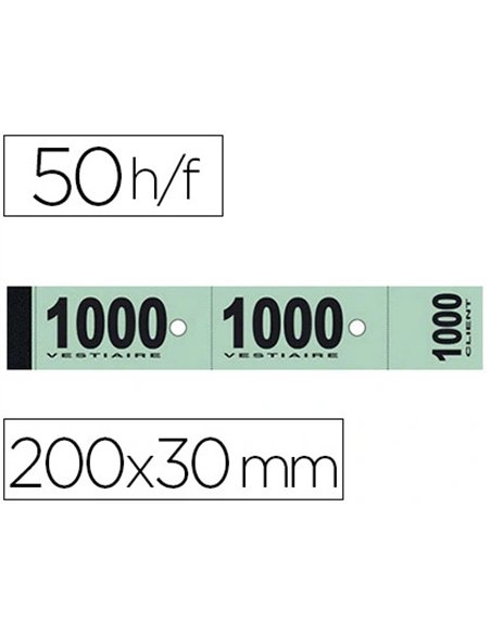 Bloc vestiaire piqué elve 3 coupons perforés détachables numérotés 1/1000 30x200mm 50 feuillets coloris vert.