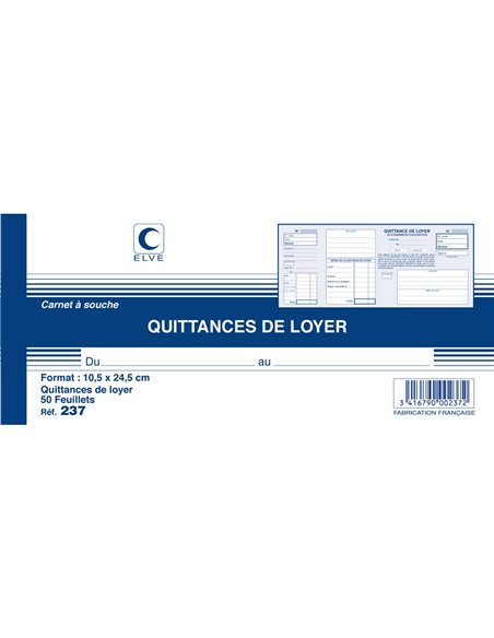 Carnet à souche elve quittances loyer 10,5x24,5cm 50 feuillets 70g papier chèque amagnétique.