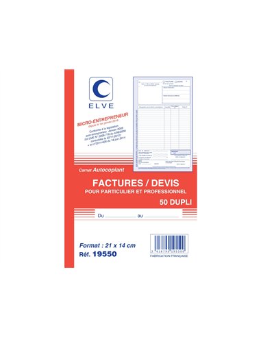 Carnet elve factures/devis pour auto-entrepreneurs 21x14cm 50 duplis.