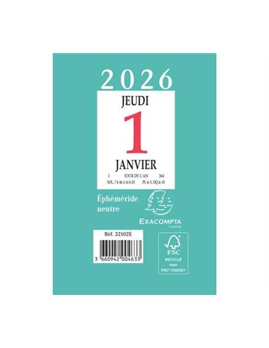 Bloc éphéméride exacompta mural annuel janvier/décembre 1 jour/page neutre boîtier plastique 65x97mm.