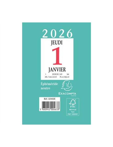 Bloc éphéméride exacompta mural annuel janvier/décembre 1 jour/page neutre boîtier plastique 65x97mm.