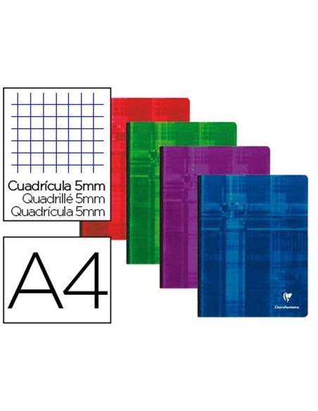 Cahier broché clairefontaine papier vélin velouté couverture souple pelliculée a4 21x29,7cm 192 pages 90g 5x5mm.