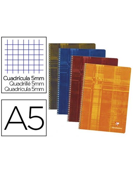 Cahier clairefontaine papier vélin velouté couverture pelliculée reliure intégrale a5 14,8x21cm 100 pages 90g 5x5mm.