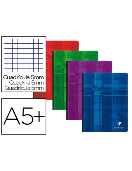 Cahier broché clairefontaine papier vélin velouté couverture souple pelliculée a5+ 17x22cm 192 pages 90g 5x5mm.