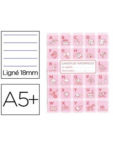 Cahier clairefontaine maternelle couverture carte offset 17x22cm 32 pages 16 lignées 18mm/16 unies 90g coloris rose.