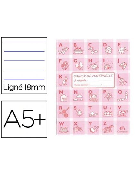 Cahier clairefontaine maternelle couverture carte offset 17x22cm 32 pages 16 lignées 18mm/16 unies 90g coloris rose.