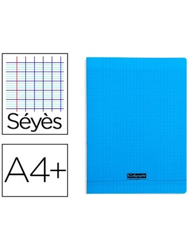 Cahier piqué clairefontaine couverture polypropylène transparente a4+ 24x32cm 96 pages 90g séyès coloris bleu.