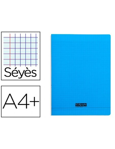 Cahier piqué clairefontaine couverture polypropylène transparente a4+ 24x32cm 96 pages 90g séyès coloris bleu.
