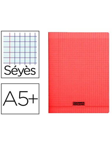 Cahier piqué clairefontaine couverture polypropylène transparente a5+ 17x22cm 96 pages 90g séyès coloris rouge.