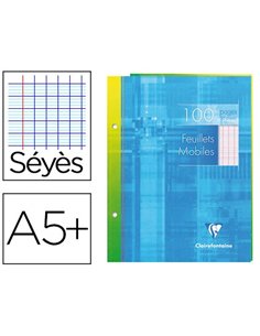 Feuillet mobile clairefontaine a5+ 170x220mm papier vélin velouté 100 pages 90g séyès perforé coloris blanc.