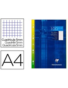 Feuillet mobile clairefontaine a4 210x297mm papier vélin velouté 100 pages 90g 5x5mm perforé coloris blanc.