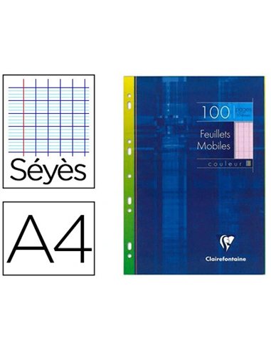 Feuillet mobile clairefontaine a4 210x297mm papier vélin velouté 100 pages 90g séyès perforé coloris rose.