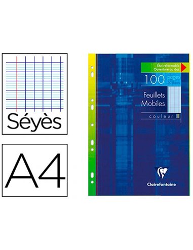 Feuillet mobile clairefontaine a4 210x297mm papier vélin velouté 100 pages 90g séyès perforé coloris bleu.