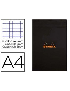 Bloc bureau rhodia a4 papier vélin surfin couverture enduite enveloppante 210x297mm 80f détachables 80g 5x5mm noir.