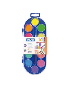 Coffret Milan de 12 aquarelles Ø 30 mm + Pinceau Série 101 - Miscibles - Couleurs fluorescentes et métalliques