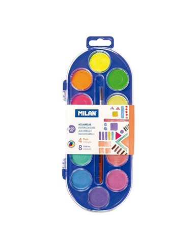 Coffret Milan de 12 aquarelles Ø 30 mm + Pinceau Série 101 - Miscibles - Couleurs fluorescentes et métalliques