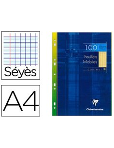 Feuillet mobile clairefontaine a4 210x297mm papier vélin velouté 100 pages 90g séyès perforé coloris jaune.