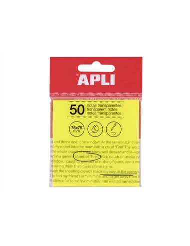 Bloc apli notes transparentes 50f 75x75mm coloris jaune fluo.