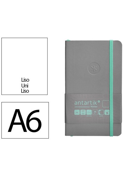 Carnet a6 antartik notes papier uni ivoire couverture souple fermeture elastique turquoise 100 pages 80gr coloris gris.
