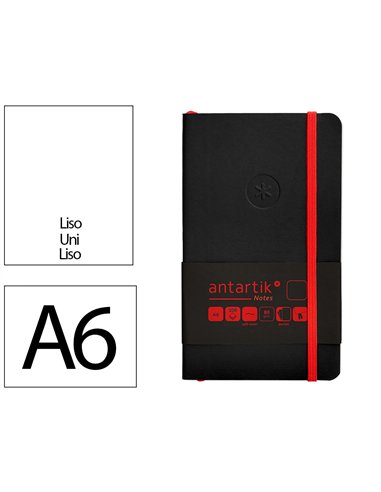 Carnet a6 antartik notes papier uni ivoire couverture souple fermeture elastique rouge 100 pages 80gr coloris noir.