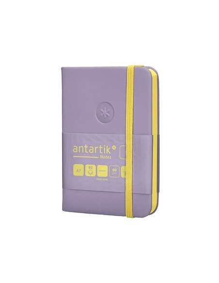 Carnet a7 antartik notes papier uni ivoire couverture rigide fermeture elastique jaune 80 pages 80gr coloris lilas.