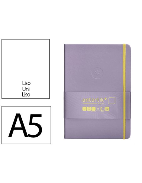 Carnet a5 antartik notes papier uni ivoire couverture rigide fermeture elastique jaune 100 pages 80gr coloris lilas.