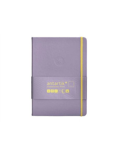 Carnet a5 antartik notes papier uni ivoire couverture rigide fermeture elastique jaune 100 pages 80gr coloris lilas.