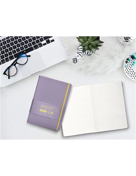 Carnet a5 antartik notes papier uni ivoire couverture rigide fermeture elastique jaune 100 pages 80gr coloris lilas.