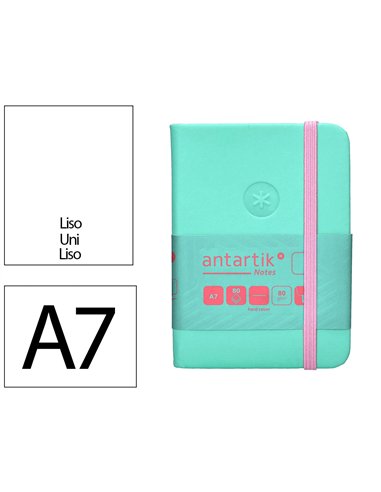 Carnet a7 antartik notes papier uni ivoire couverture rigide fermeture elastique rose 80 pages 80gr coloris turquoise.