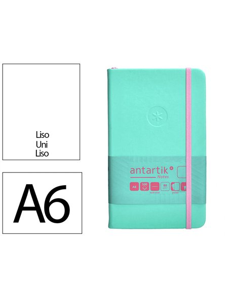 Carnet a6 antartik notes papier uni ivoire couverture rigide fermeture elastique rose 100 pages 80gr coloris turquoise.