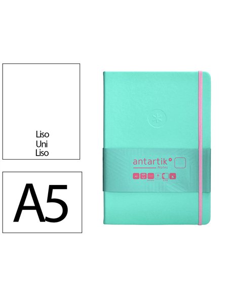 Carnet a5 antartik notes papier uni ivoire couverture rigide fermeture elastique rose 100 pages 80gr coloris turquoise.