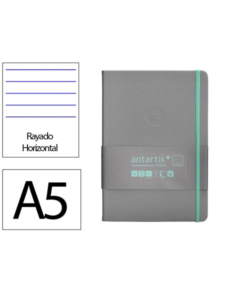Carnet a5 antartik notes lignecouverture rigide fermeture elastique turquoise 100 pages 80gr coloris gris.