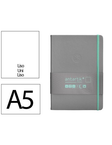 Carnet a5 antartik notes papier uni ivoire couverture rigide fermeture elastique turquoise 100 pages 80gr coloris gris.