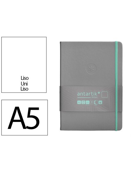 Carnet a5 antartik notes papier uni ivoire couverture rigide fermeture elastique turquoise 100 pages 80gr coloris gris.