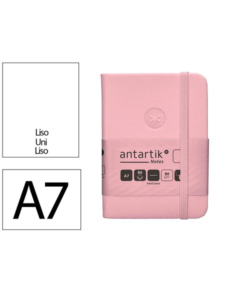 Carnet a7 antartik notes papier uni ivoire couverture rigide fermeture elastique 80 pages 80gr coloris rose pastel.