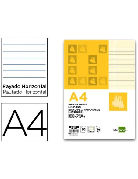 Bloc-notes liderpapel encollé a4 210x297mm 50f 60g/m2 ligné marge feuilles jaunes.