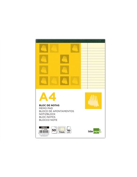 Bloc-notes liderpapel encollé a4 210x297mm 50f 60g/m2 ligné marge feuilles jaunes.