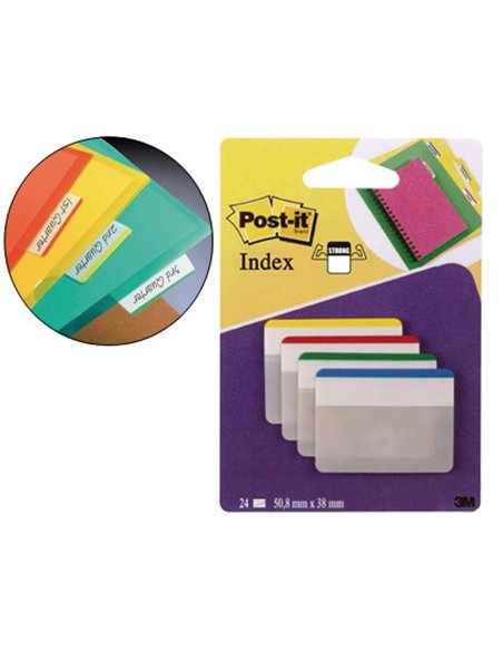 Marque-pages post-it index rigide large 50x38mm 24f lot 4 coloris.