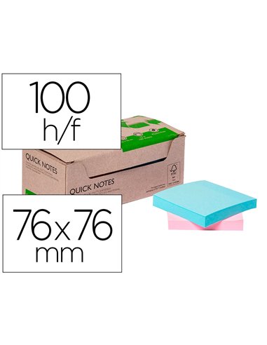 Bloc notes q-connect quick notes 76x76mm 100f adhesives repositionables monochrome rose ou bleu pastel pack 12 unites.
