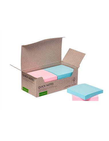Bloc notes q-connect quick notes 76x76mm 100f adhesives repositionables monochrome rose ou bleu pastel pack 12 unites.