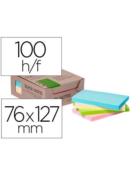 Bloc notes q-connect quick notes 76x127mm 100f adhesives repositionables coloris pastel assortis pack 12 unites.