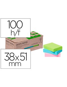 Bloc notes q-connect quick notes 38x51mm 100f adhesives repositionables coloris pastel assortis pack 12 unites.