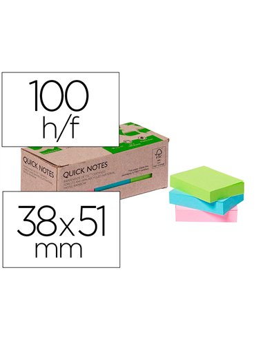 Bloc notes q-connect quick notes 38x51mm 100f adhesives repositionables coloris pastel assortis pack 12 unites.