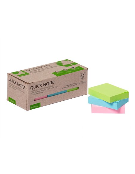 Bloc notes q-connect quick notes 38x51mm 100f adhesives repositionables coloris pastel assortis pack 12 unites.