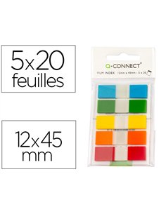 Marque-pages q-connect mini kit poche 12x45mm 130f coloris assortis bleu rouge jaune vert orange lot 5x20 unités.