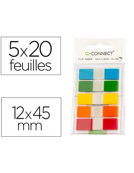 Marque-pages q-connect mini kit poche 12x45mm 130f coloris assortis bleu rouge jaune vert orange lot 5x20 unités.