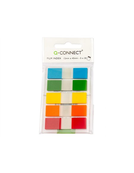 Marque-pages q-connect mini kit poche 12x45mm 130f coloris assortis bleu rouge jaune vert orange lot 5x20 unités.