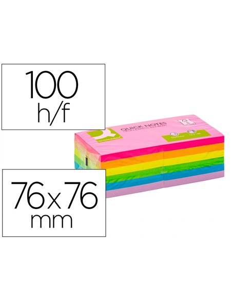 Bloc notes q-connect 76x76mm 100f adhesives repositionables coloris fluo et pastel assortis pack 12 unites.